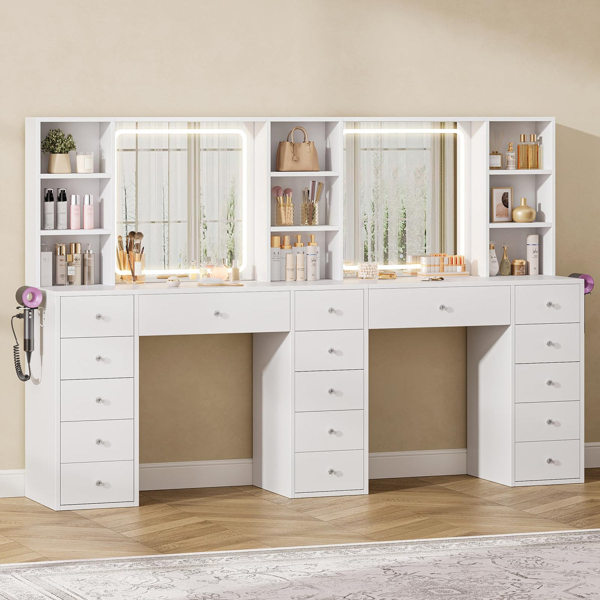 2 Person Vanity Desk with Mirror and Lights, Power Outlet, White