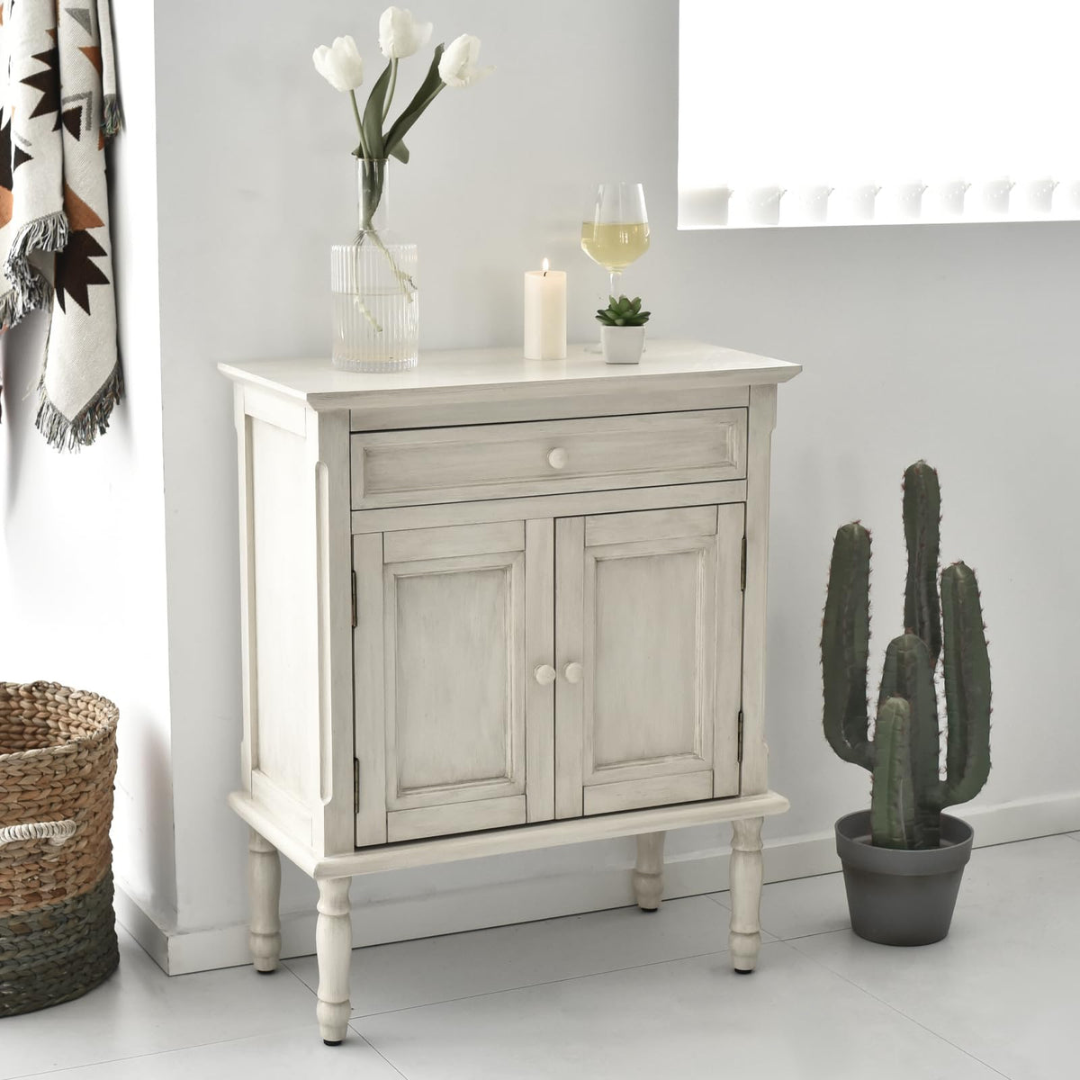 HOMEANING Buffet Cabinet Sideboard with Storage, Farmhouse Sideboard with Drawer, Barn Door Cabinet, Storage Cabinet with Drawers and Doors, Floor Sideboard for Entryway, Living Room, Bedroom (White)