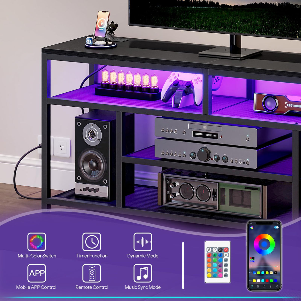Black LED TV Stand with Charging Station