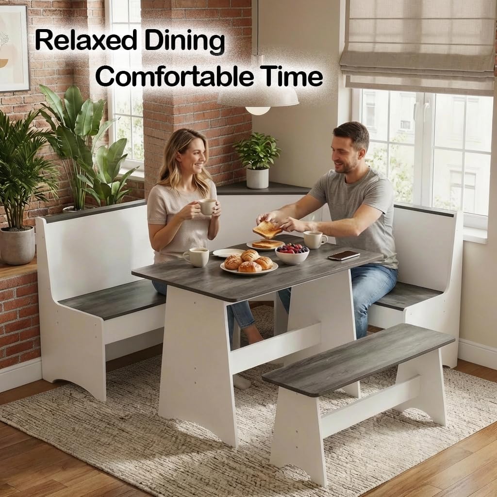 THE CARY C Farmhouse Breakfast Nook Table Set, Dining Nook Set with Corner Bench,with Storage Function Mid Century Modern Small Dining Table Set, Kitchen Table Corner Set (Gray + White)