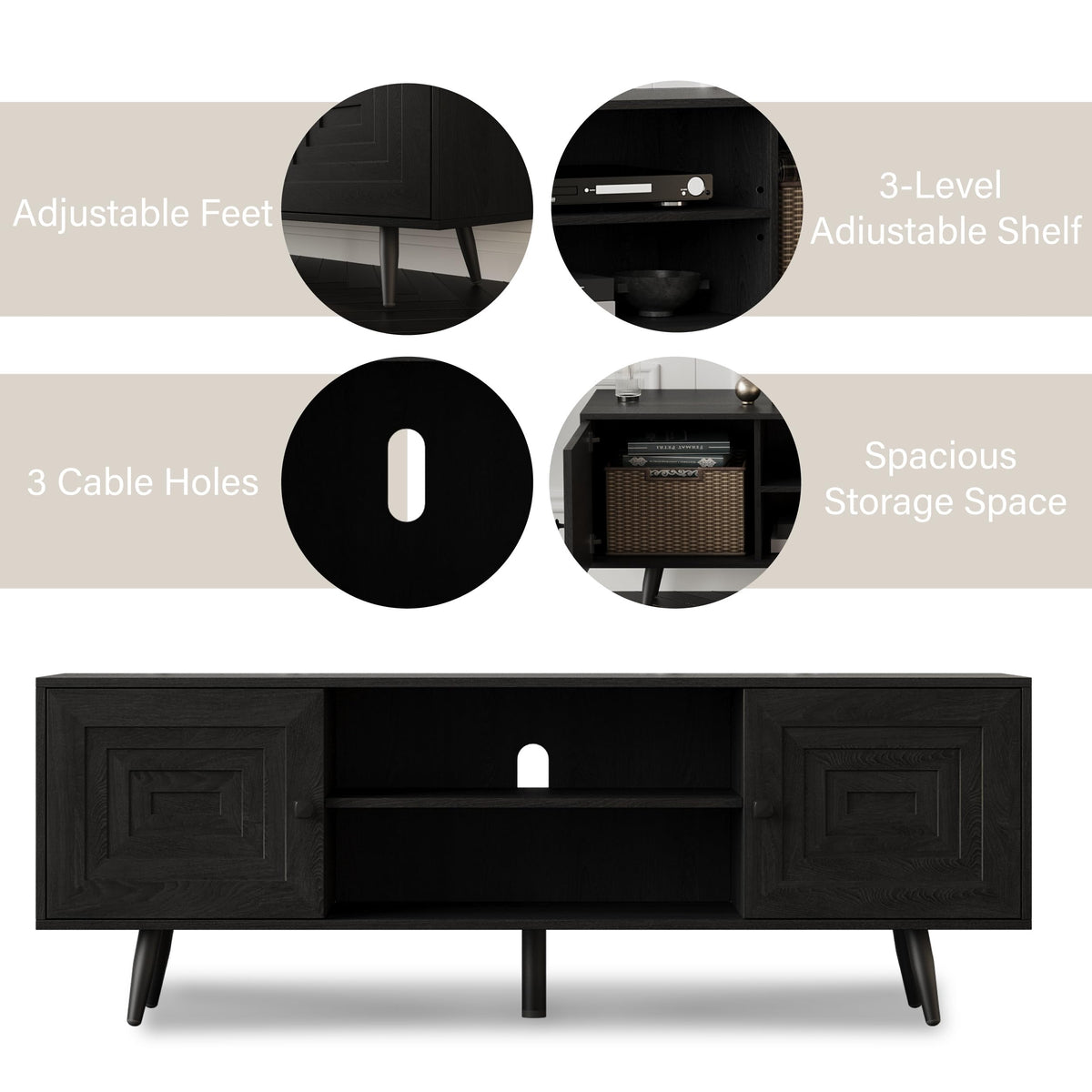 LZLUOB Modern TV Stand with Storage Cabinet, Wood Fashionable TV Cabinet with Waveform Panel and Adjustable Shelf, Entertainment Center TV Stand for TV, Living Room (Advanced Black