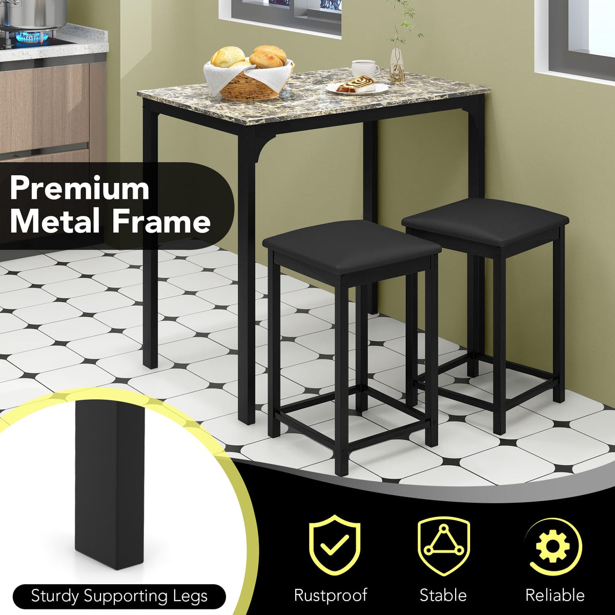 GIANTEX Dining Table Set for 2, Counter Height Bar Table with Faux Marble Pattern Tabletop, 2 Padded Bar Stools, Footrests, Metal Frame, Dinette Set for Kitchen Small Space Breakfast Nook Pub, Brown