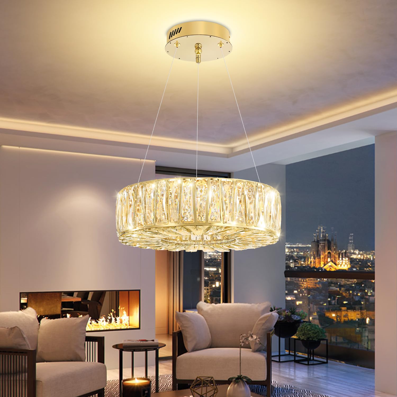 WOSOHYUN 16in Gold Ring Crystal Chandeliers for Dining Room Modern LED Dimmable Ring Pendant Light Chandelier for Living Room Bedroom
