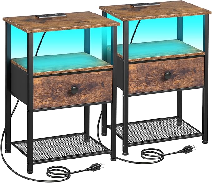Nightstand Set of 2 with Charging Station & Fabric Drawer