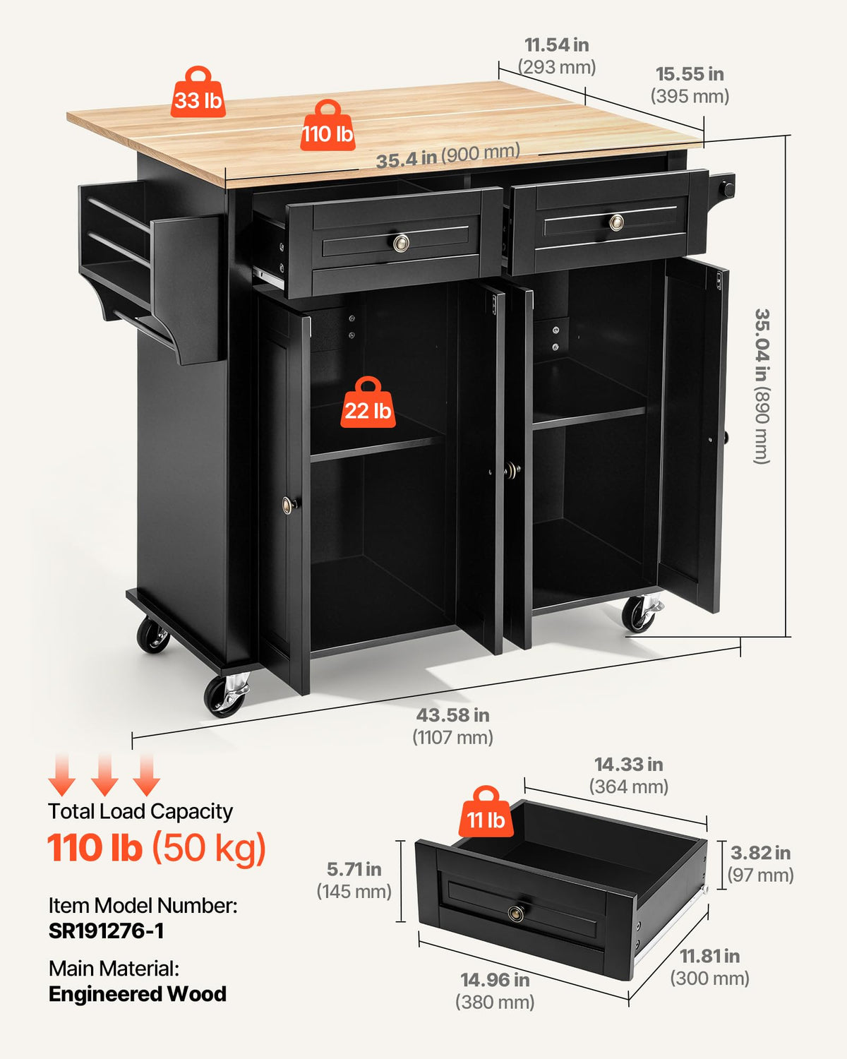 Black Drop Leaf Kitchen Island Cart