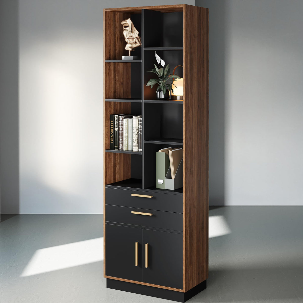 ModernMate 73.3" Bookcase with 2 Drawers and Doors, 8 Storage Cubes