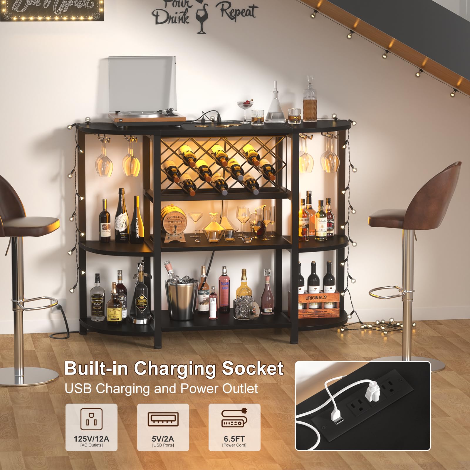 Bar Cabinet with LED Lights & Power Outlets – 4-Tier