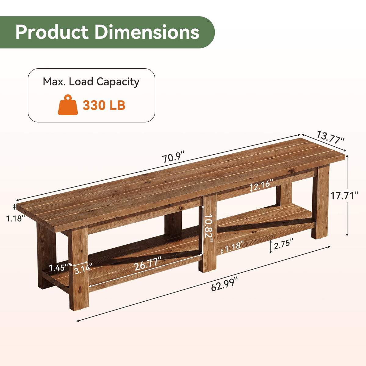 TRIBEWOOD 70.9" Solid Wood Entryway Shoe Bench, Extra Long Wooden Bench