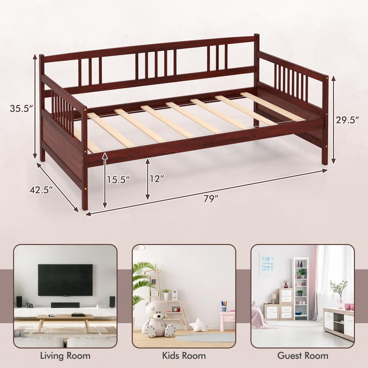 MAT EXPERT Twin Daybed, Pine Wood Daybed with 3-Side Rails & 10 Support Slats, Under Bed Storage Space, 2-in-1 Sofa Bed Frame for Living Room, Bedroom, Deck, Guest Room (Espresso)