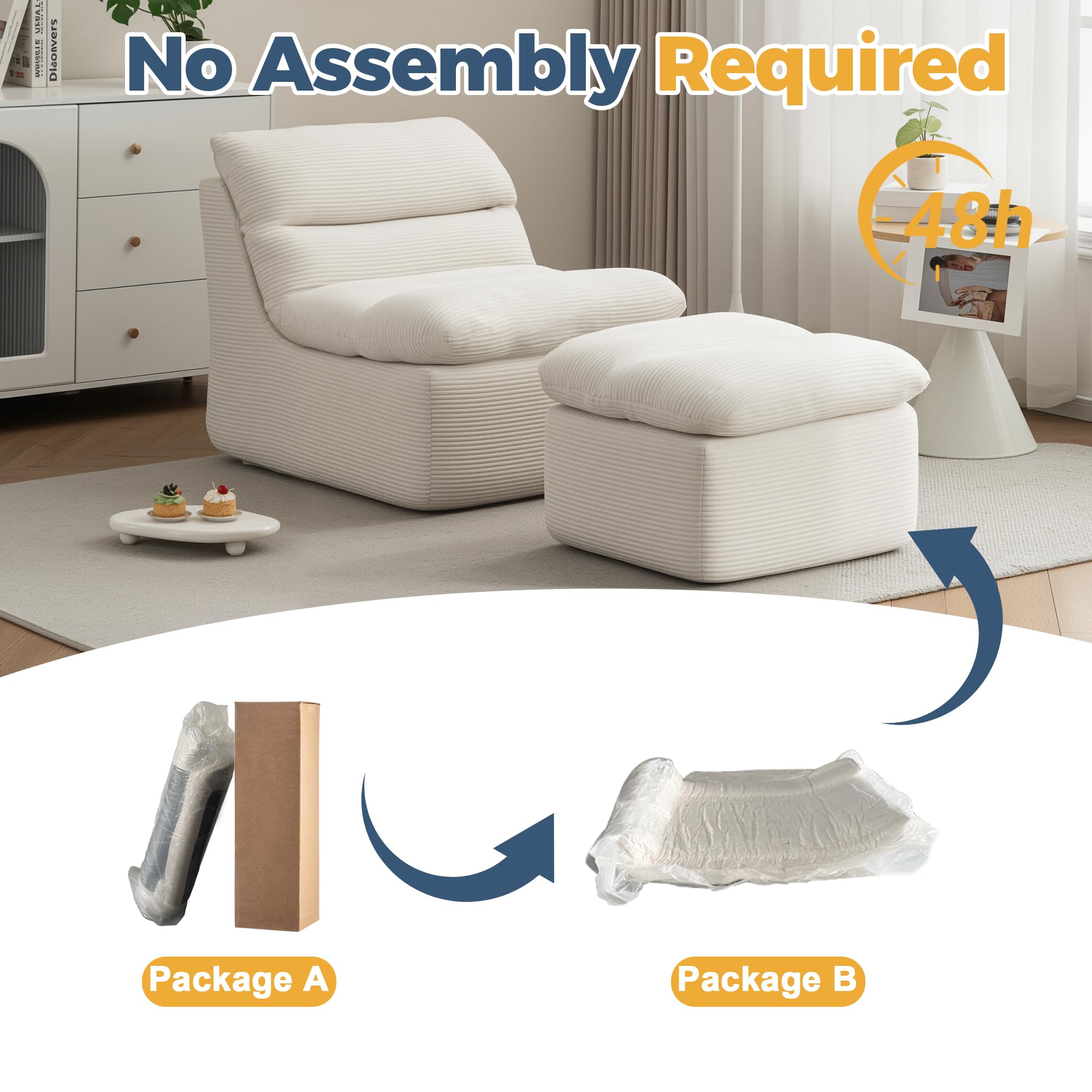 DRKAT 38" Bean Bag Chair with Ottoman, Big Corduroy Chaise Lounge Chairs for Adults, Tufted Upholstered Lazy Sofa for Living Room, Bedroom, Balcony, Beige
