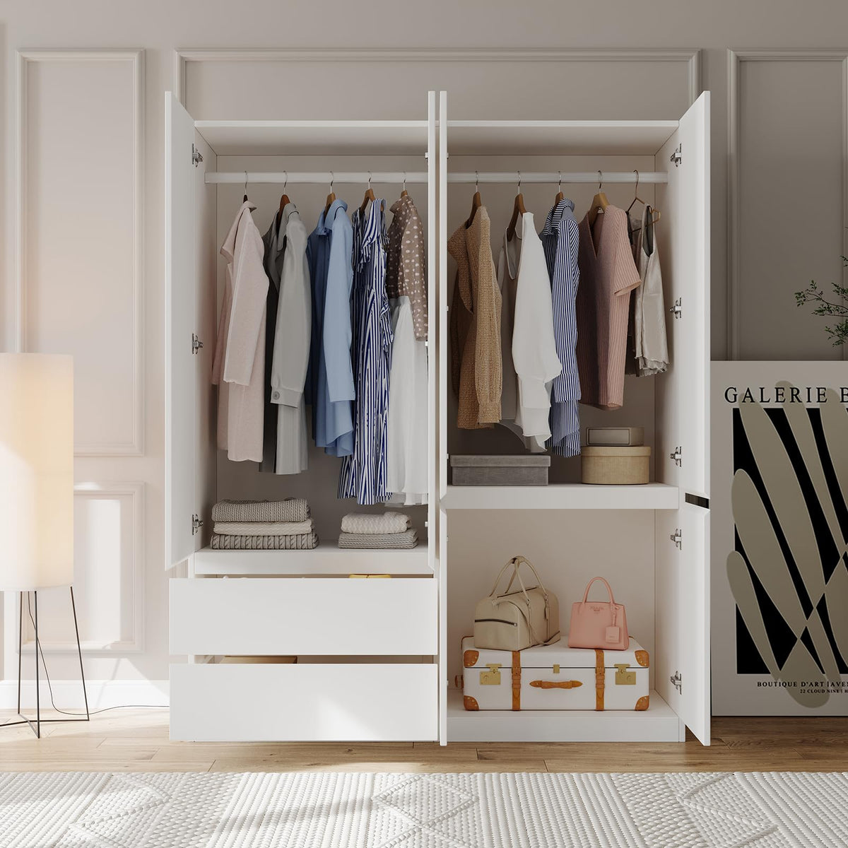 Bobve78 H Armoire Wardrobe Closet with 4 Doors and 2 Drawers, Wooden Bedroom Armoires with Hanging Rod, No Freestanding Wardrobe Cabinet for Bedroom, White