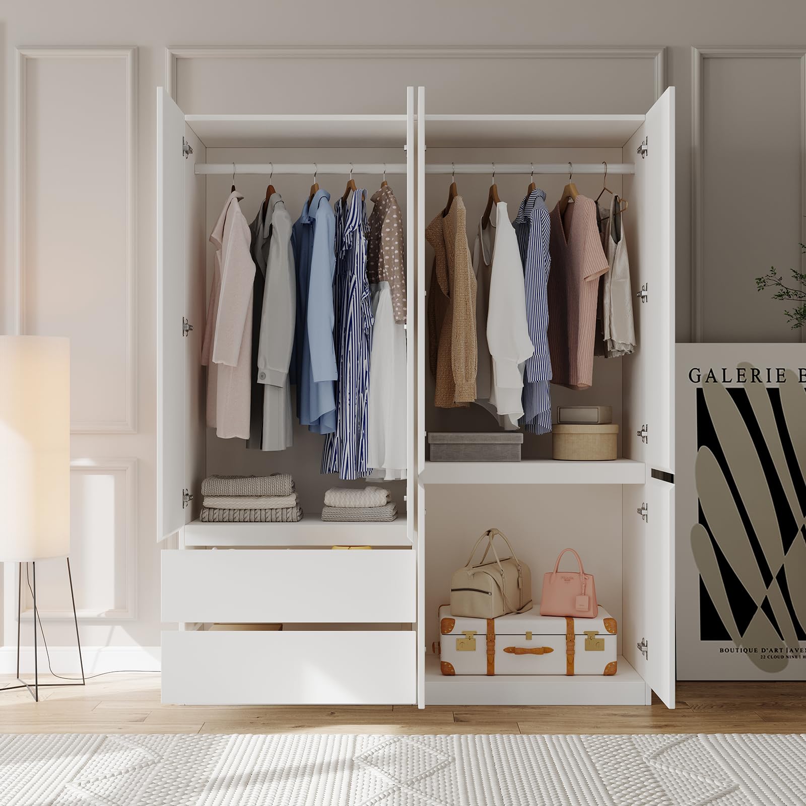 4-Door Wardrobe Armoire with Drawers & Hanging Rod