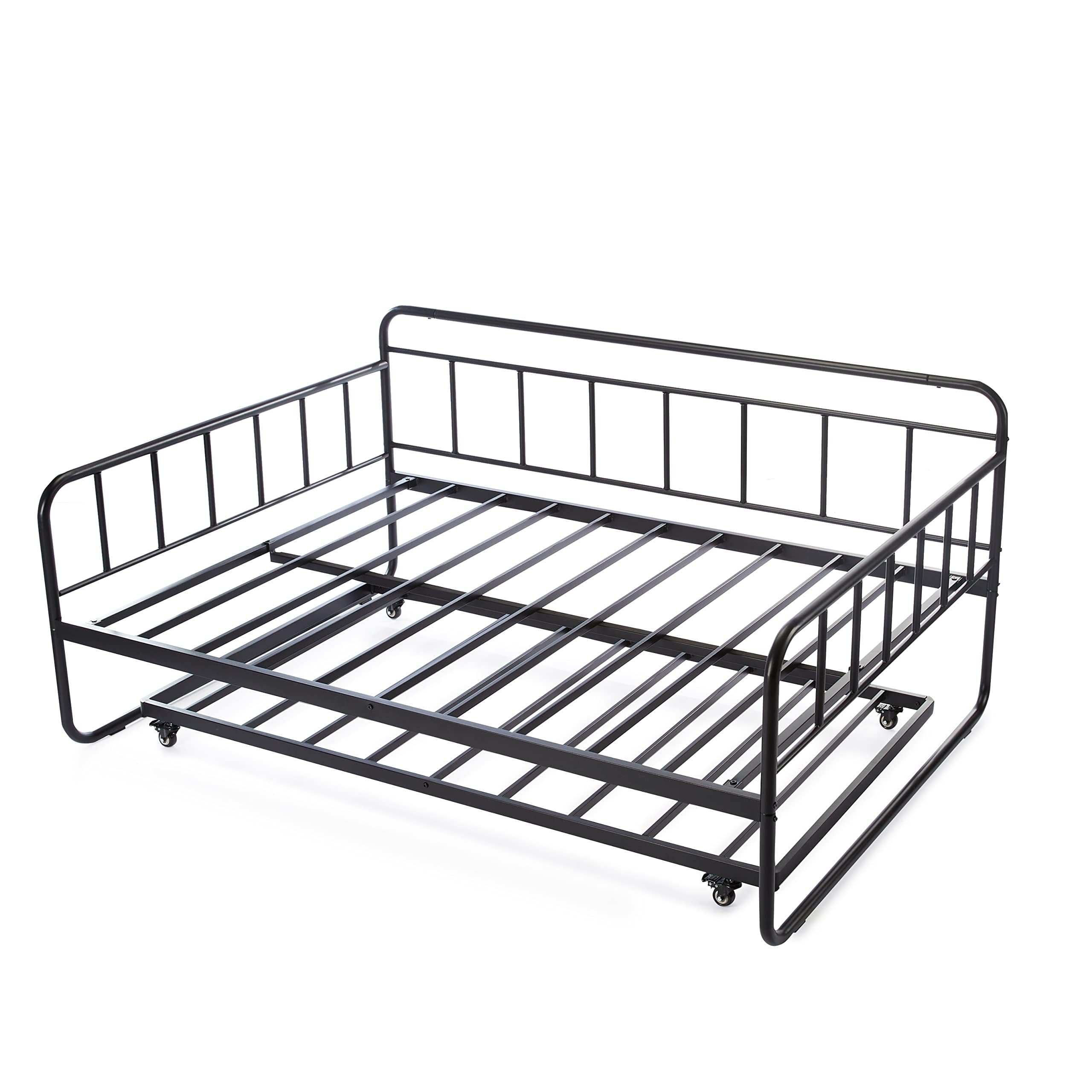 Amazon Basics Full Size Daybed and Twin Size Trundle Bed Frame Set, Space Saving Steel Slat Support, Sturdy Metal Design, Easy Assembly, Black