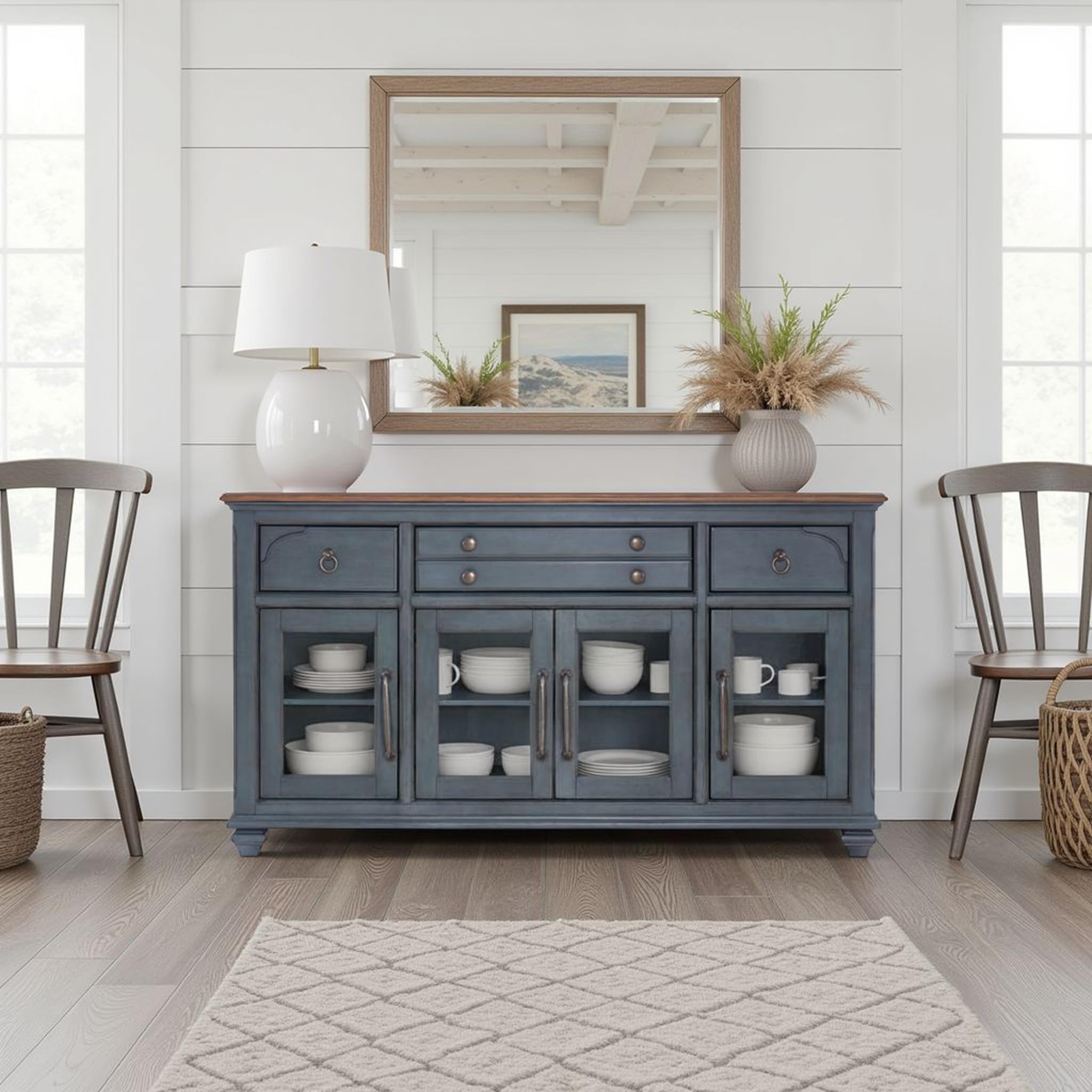 Bridgevine Home Americana Farmhouse Server Cabinet – 66” Wood Buffet Sideboard with Glass Doors, 3 Drawers & 4 Door Storage, Fully Assembled Dining Room Cabinet, Two-Tone Finish, Soft-Close Hinges