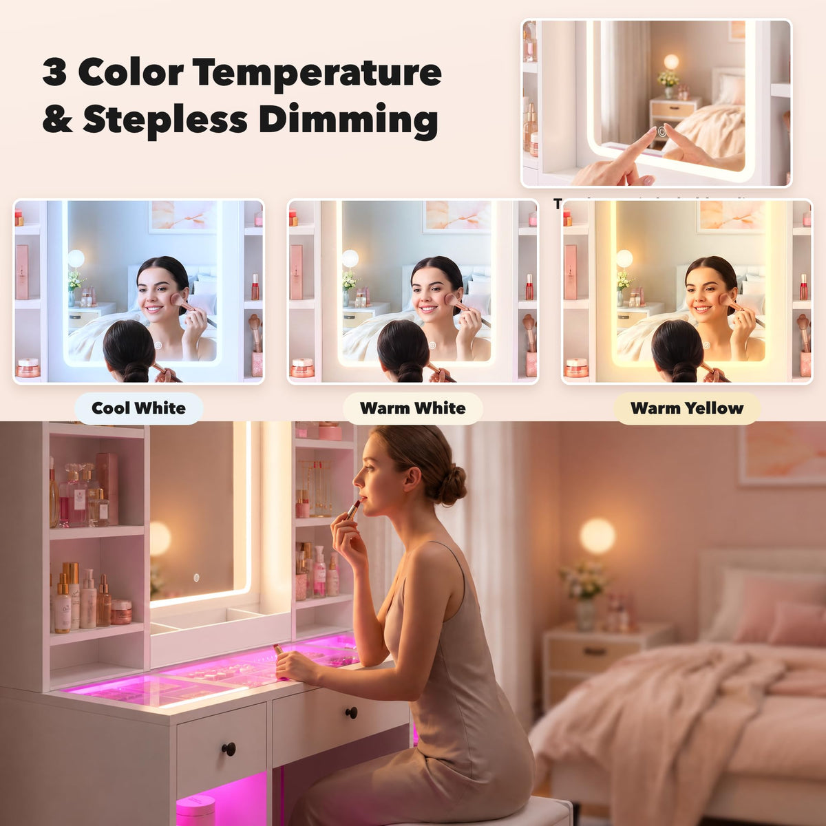 White Glass Top LED Makeup Vanity