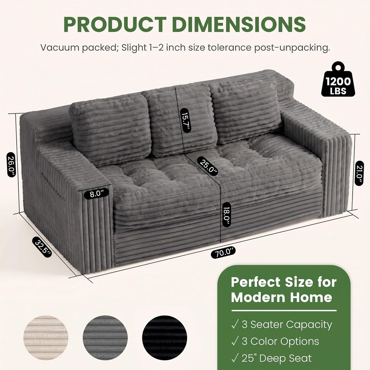 PATAVOT Boneless Corduroy 3 Seater Sofa, High-Density Foam Couch with Side Pockets, Comfy Living Room Sofa for Apartment Bedroom Office Apartment,No Assembly Required, Pet-Friendly Couch (Grey)