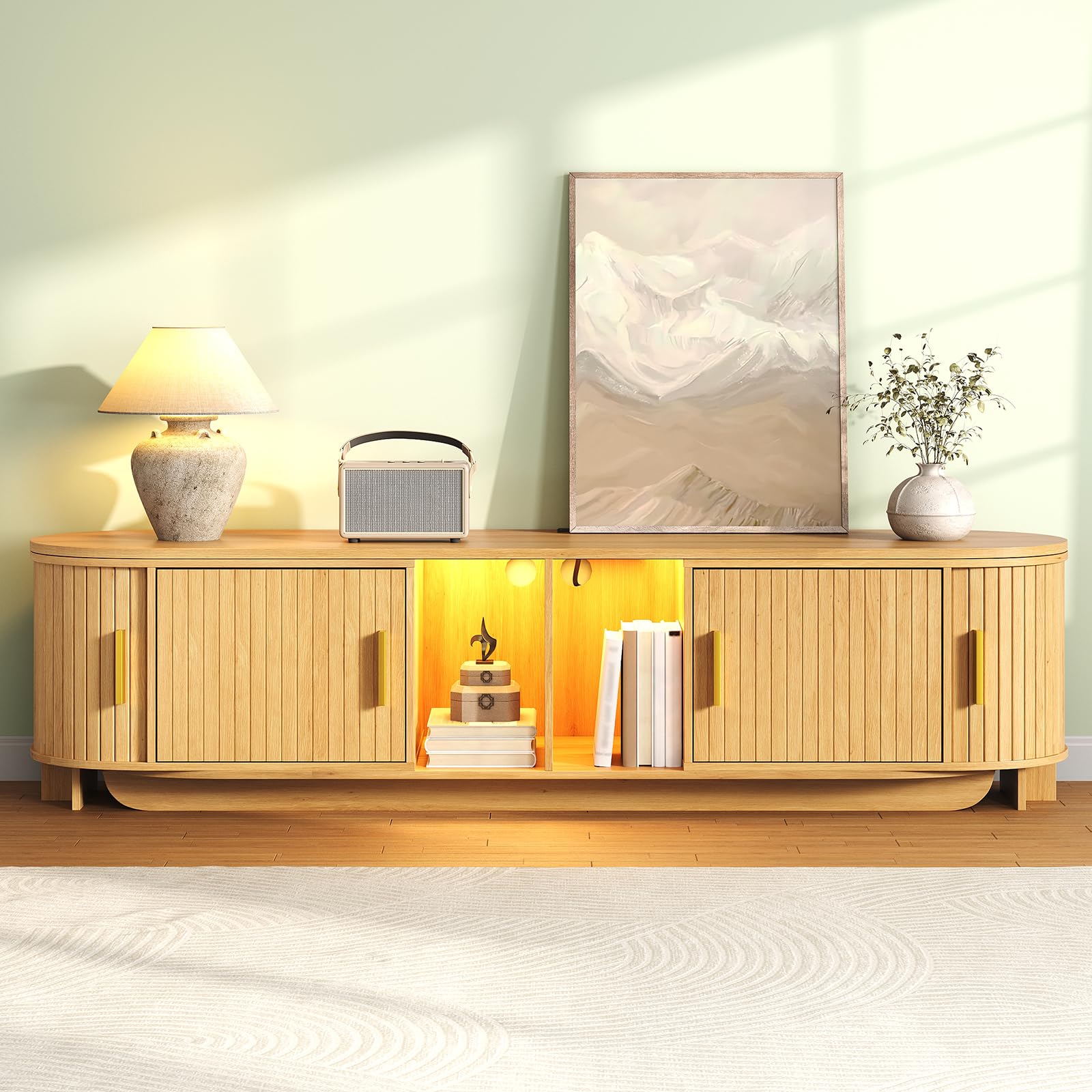 STHYTON Fluted TV Stand, Extendable TV Console with Power Outlet & LED Lights, Modern Entertainment Center with 2 Sling Doors for TVs up to 70", Storage Organizer, for Living Room and Bedroom, Natural