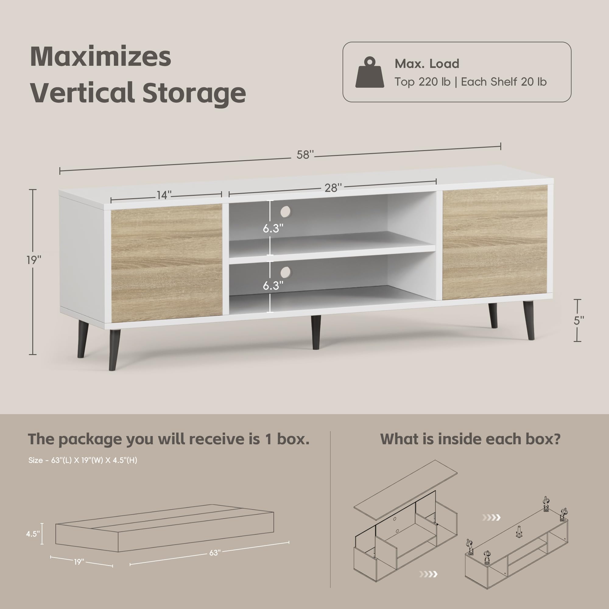 YESHOMY Modern TV Stand for 65 Inch TV, 58" Classic Entertainment Center with Storage Cabinets, Media Console for Living Room & Apartment, Minimalist Retro TV Cabinet, Bright White