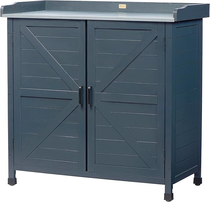 Outdoor Storage Cabinet with Potting Bench & Metal Tabletop