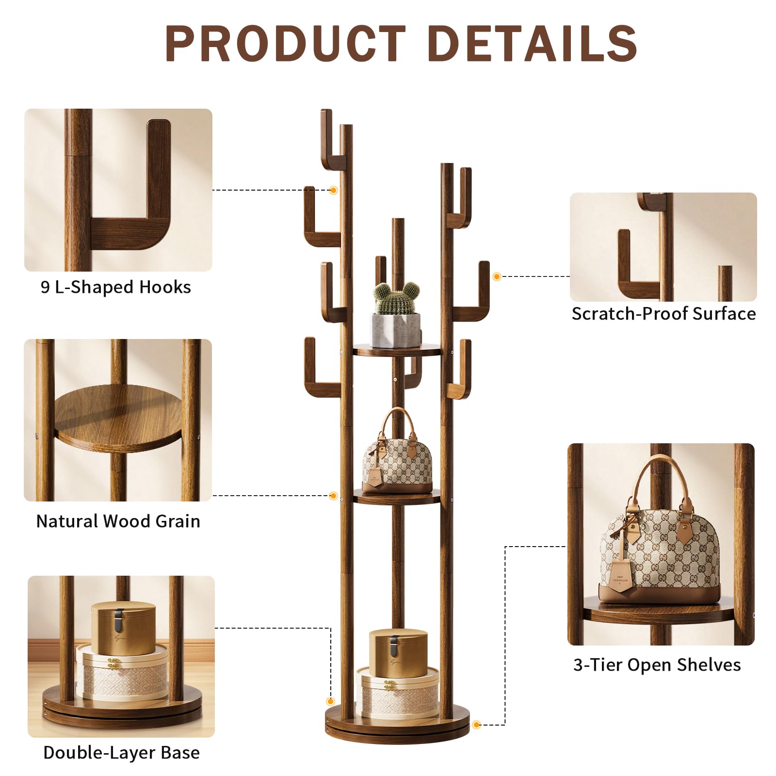 360° Rotating Freestanding Coat Rack with 9 Hooks & 3 Shelves
