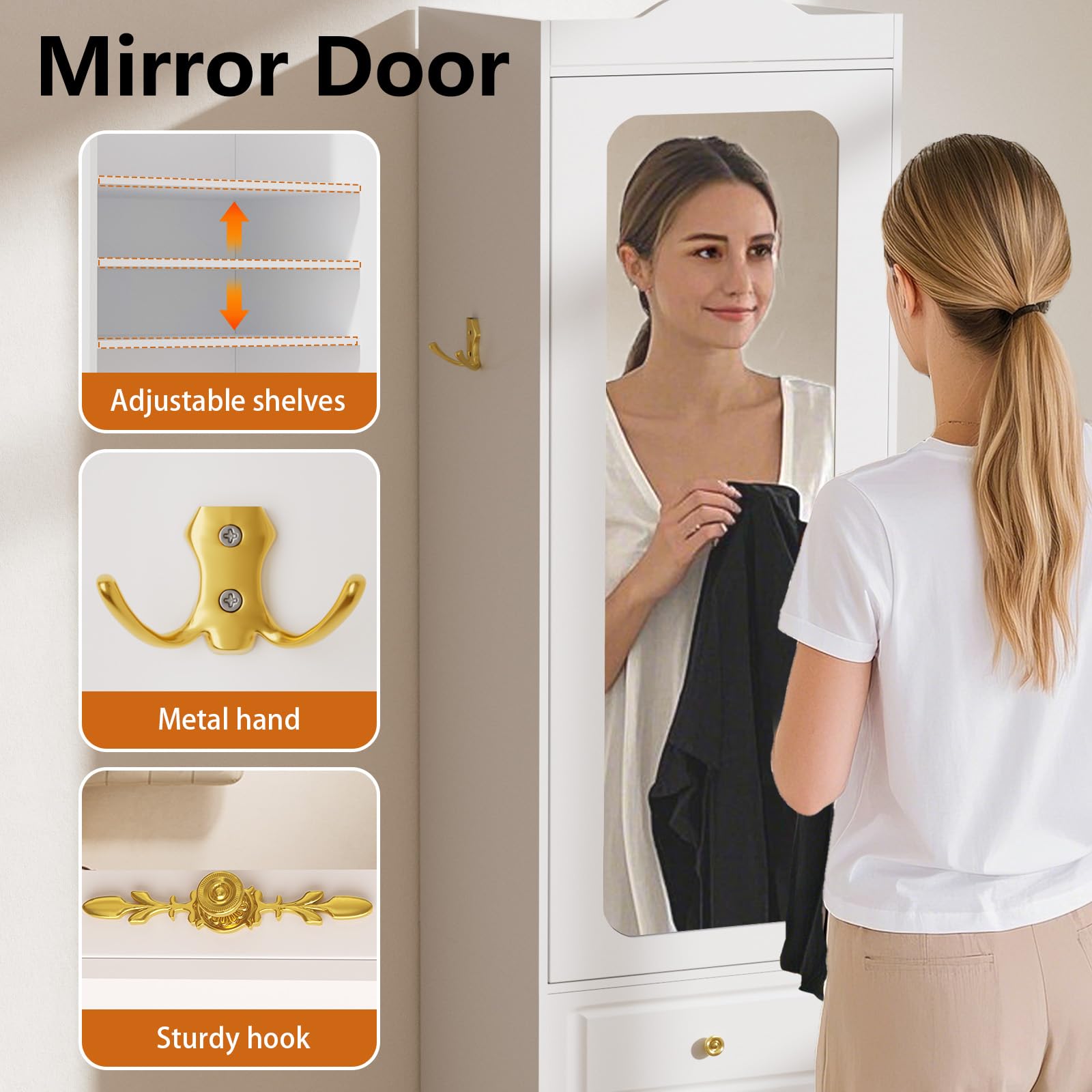 JanflyHome Armoire Wardrobe Closet, Updated White Bedroom Armoires Cabinet with Mirror Door and 3 Drawers, 15.7" W/69.5" H Clothing Storage Cabinet with Hanging Rod & Sensor Light for Bedroom-Left