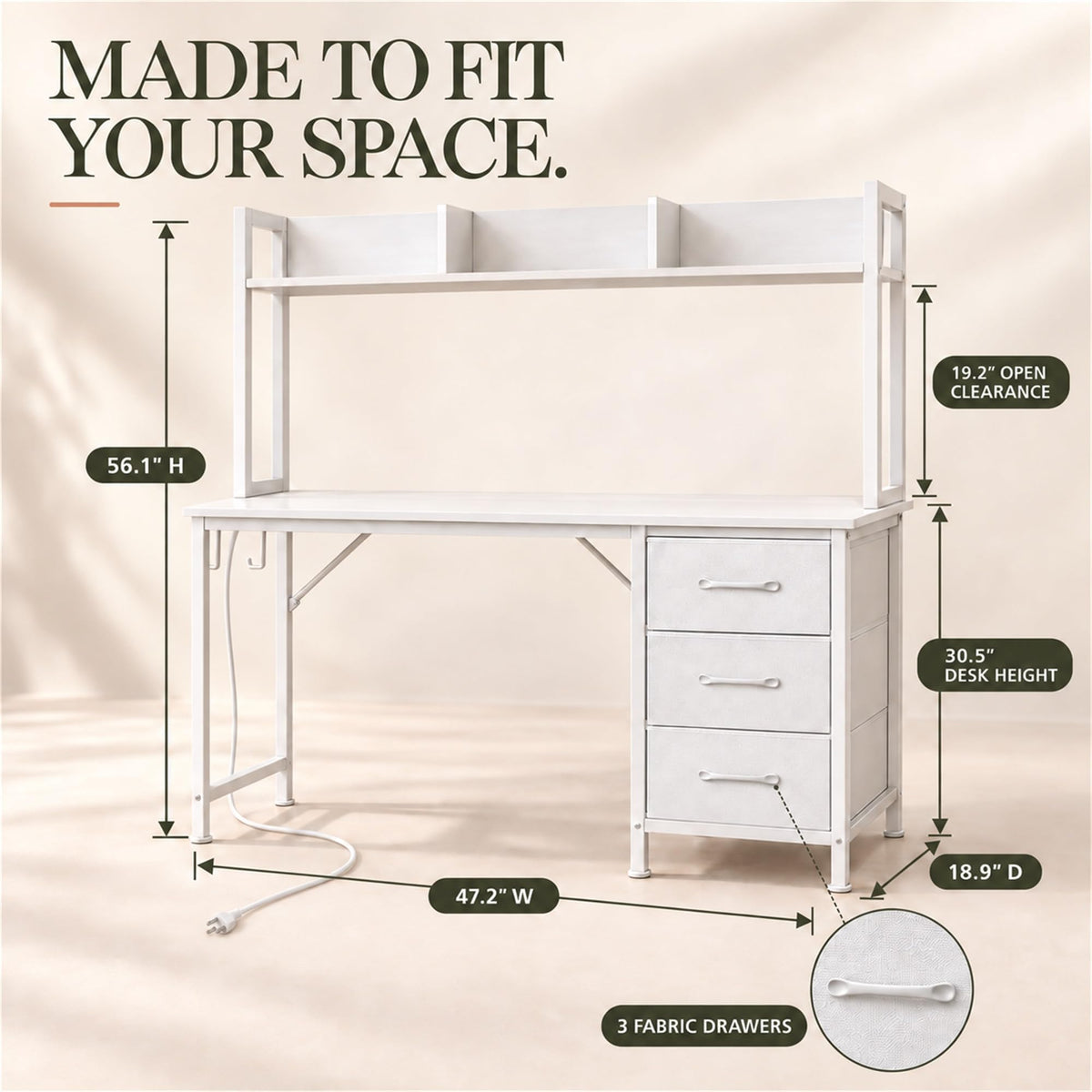 DLisiting White Computer Desk with Hutch & Drawers, 47 Inch