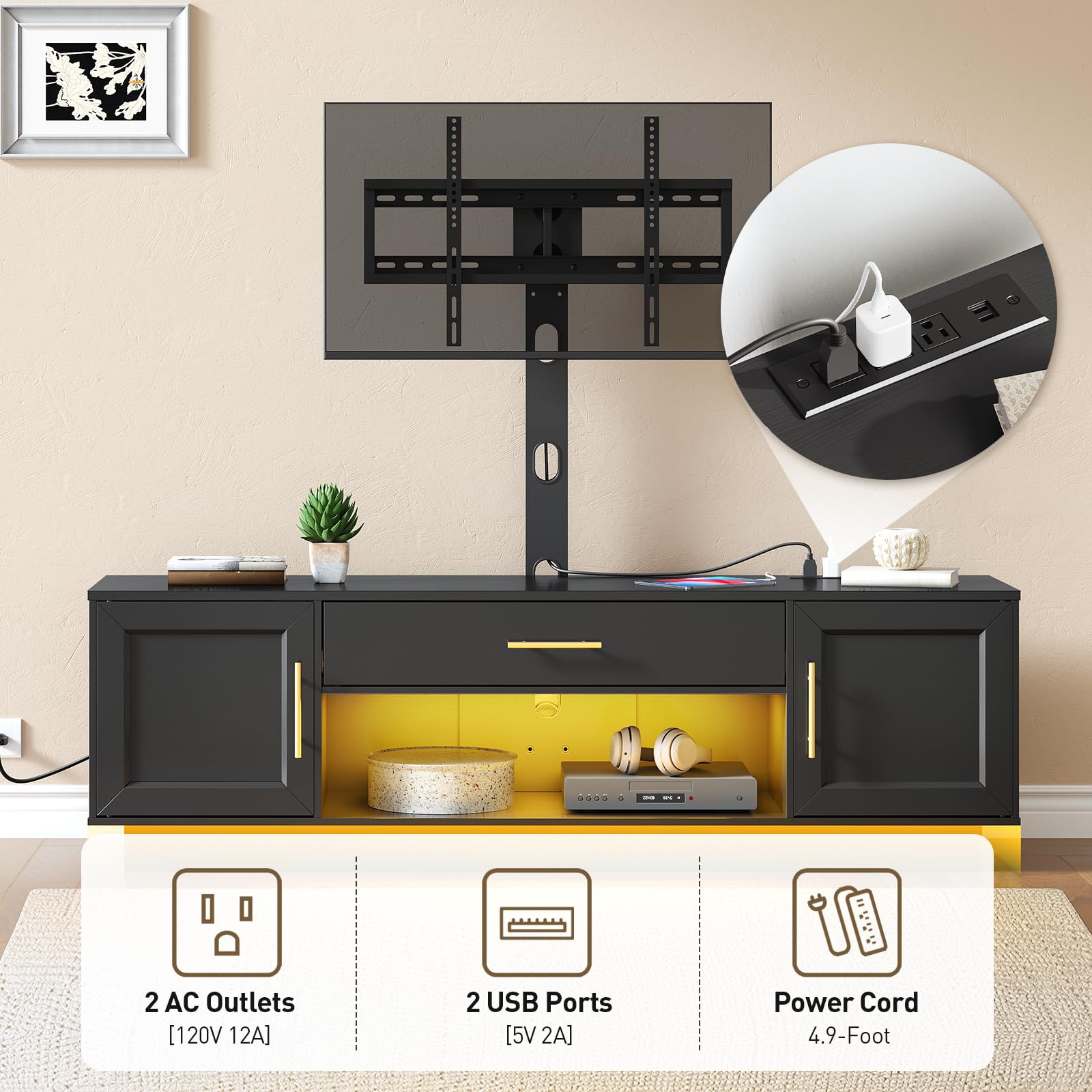 RALGEND 59" Modern TV Stand with Mount and Power Outlet, Swivel TV Stand for 32/55/65/75 inch TVs, Height Adjustable LED Entertainment Center, Media TV Console Table for Living Room, Bedroom, Black