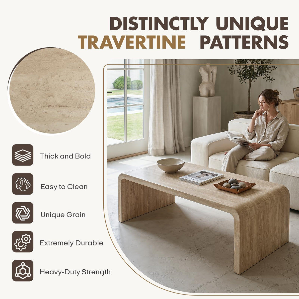 47" Travertine Look Coffee Table with Waterfall Edge