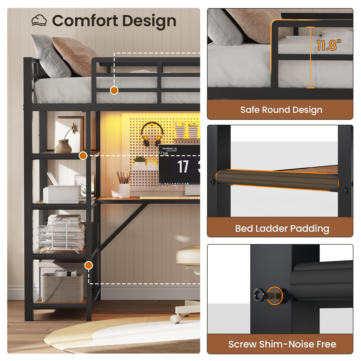 Metal Loft Bed with Desk & Storage