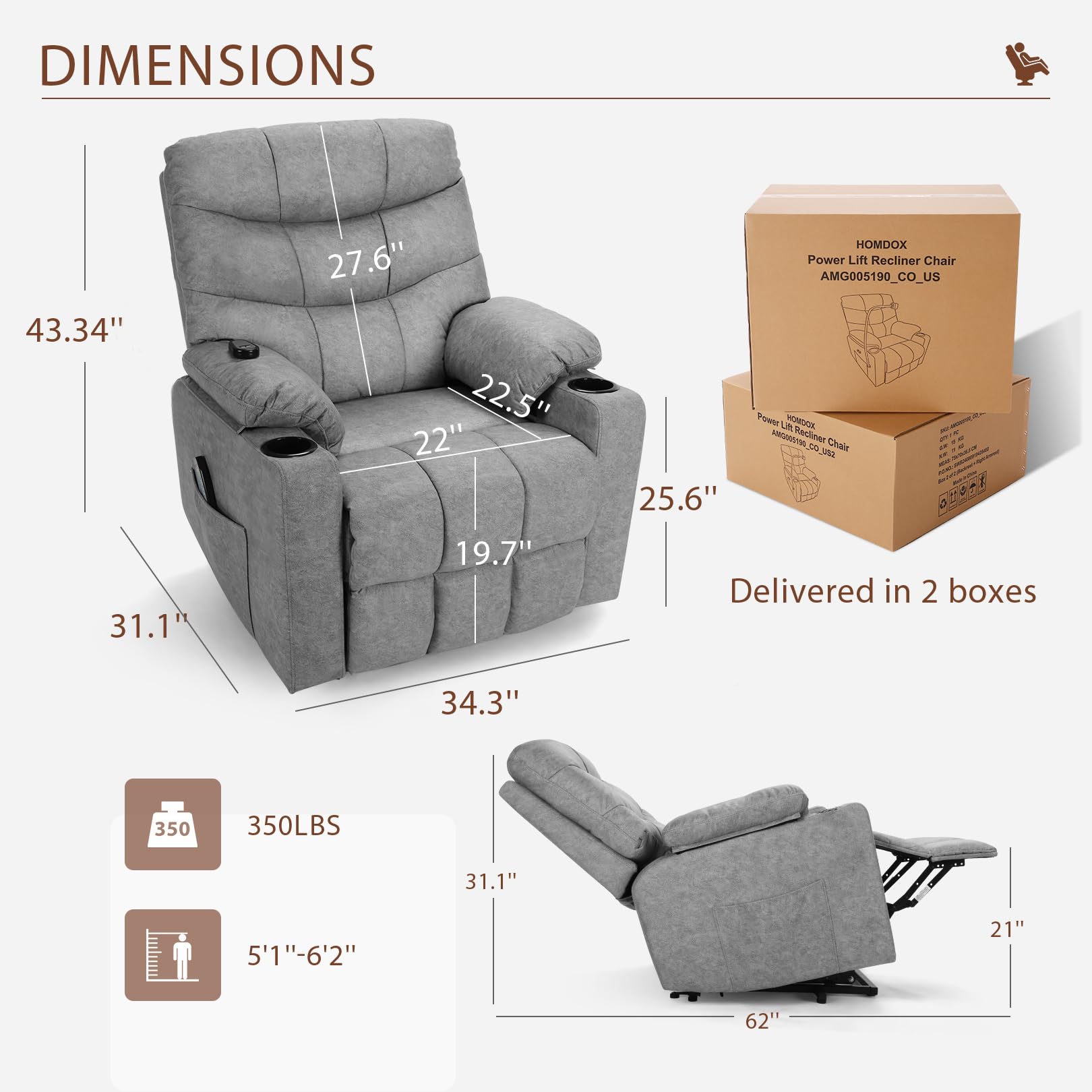 Power Lift Recliner Chair for Elderly with Heat & Massage, High-resilience Padding, Wide Back and Seat Reclining Sofa Chair with Cup Holders and Pockets, Easy Assembly and Operation (Light Gray)