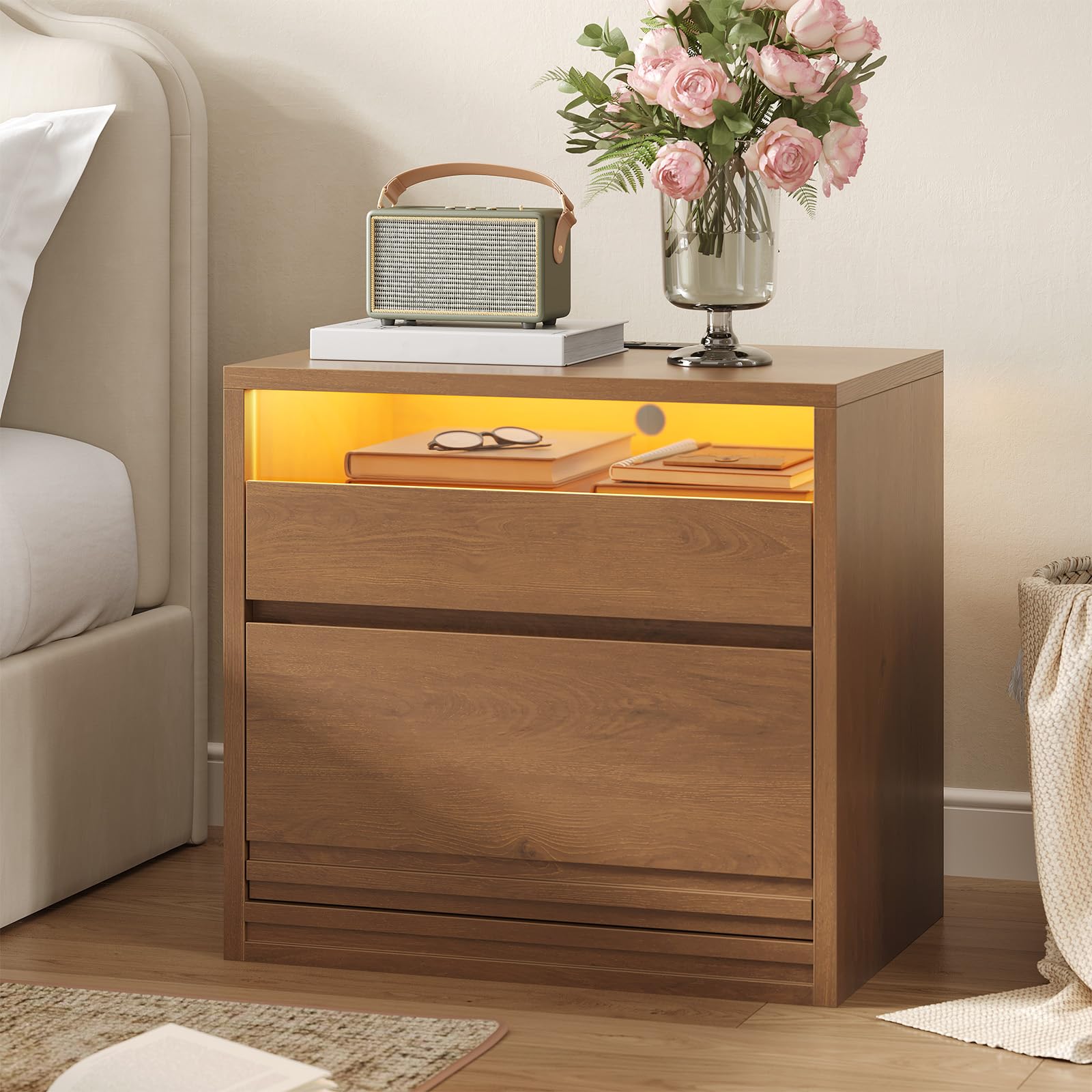 Sikaic 22" Fluted Nightstand with Charging Station and LED Lights, Bedside Table with Glass Drawers, Mid-Century Modern End Side Table for Bedroom, Walnut Brown
