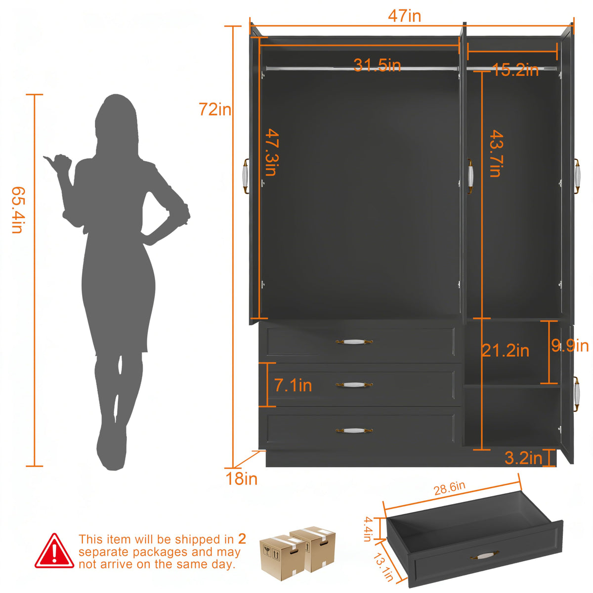AXCIGOC 72" Wooden Armoire Wardrobe Closet with 3 Door Black Bedroom Armoire with LED Light 3 Drawers Large Modern Wardrobe Cabinet with Retro Ceramic Door Handles and Removable Hanging Rod