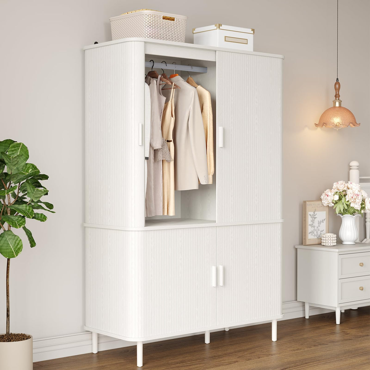 Armoire Wardrobe Closet with Sliding Doors, 71" Bedroom Armoires, White