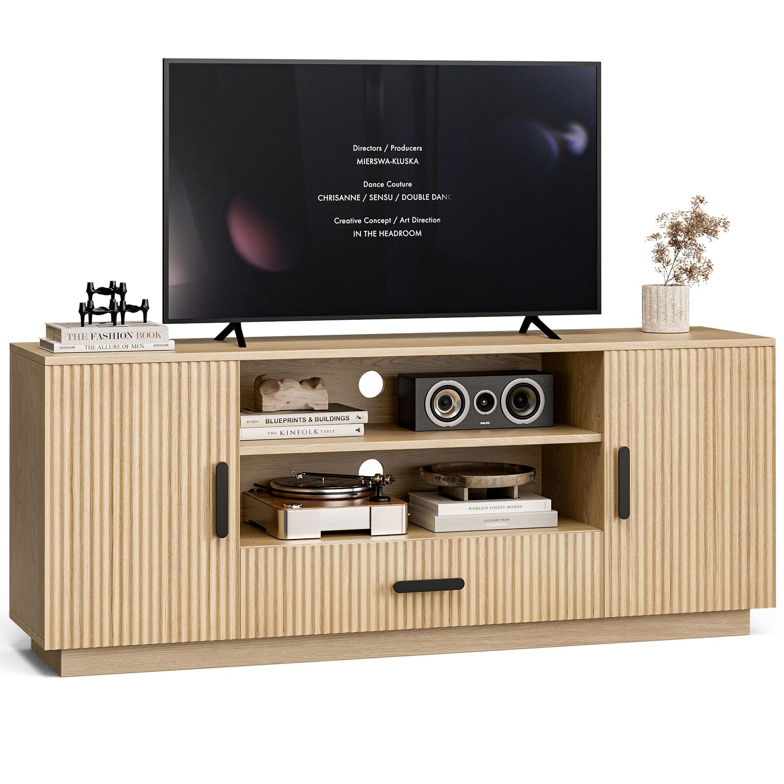 Fluted TV Stand with Storage Cabinets & Drawer, Fits TVs Up to 70"