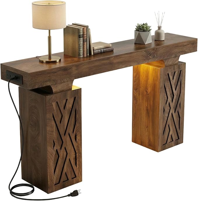 63-Inch Console Table with LED Lighting & Charging Station