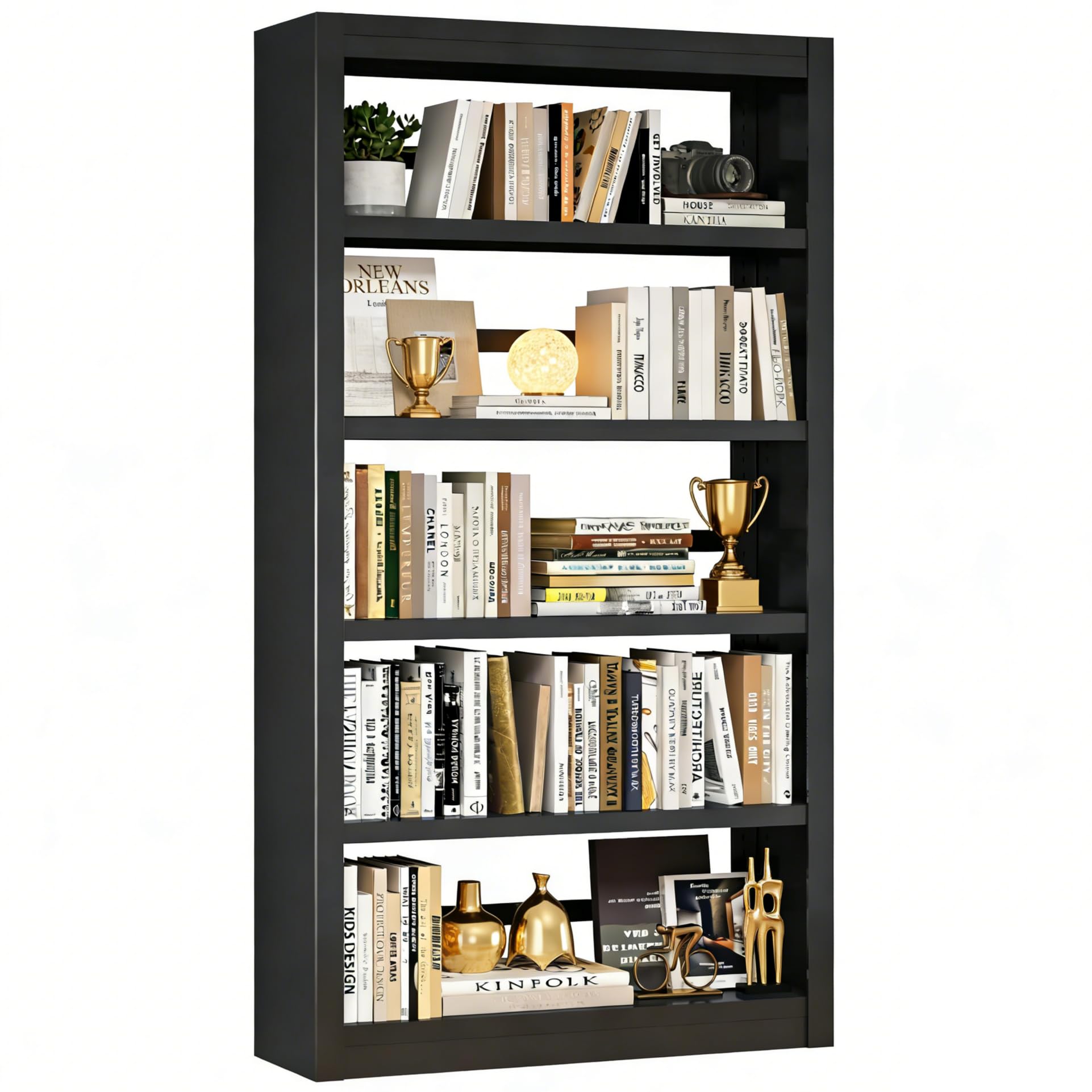 Bookshelf, 69" H Tall Metal Book Shelf, Heavy Duty Modern Book Shelves, 5 Tier Black Bookcase with Adjustable Shelves for Living Rooms, Home Offices, Library, 10 Minutes Assemble