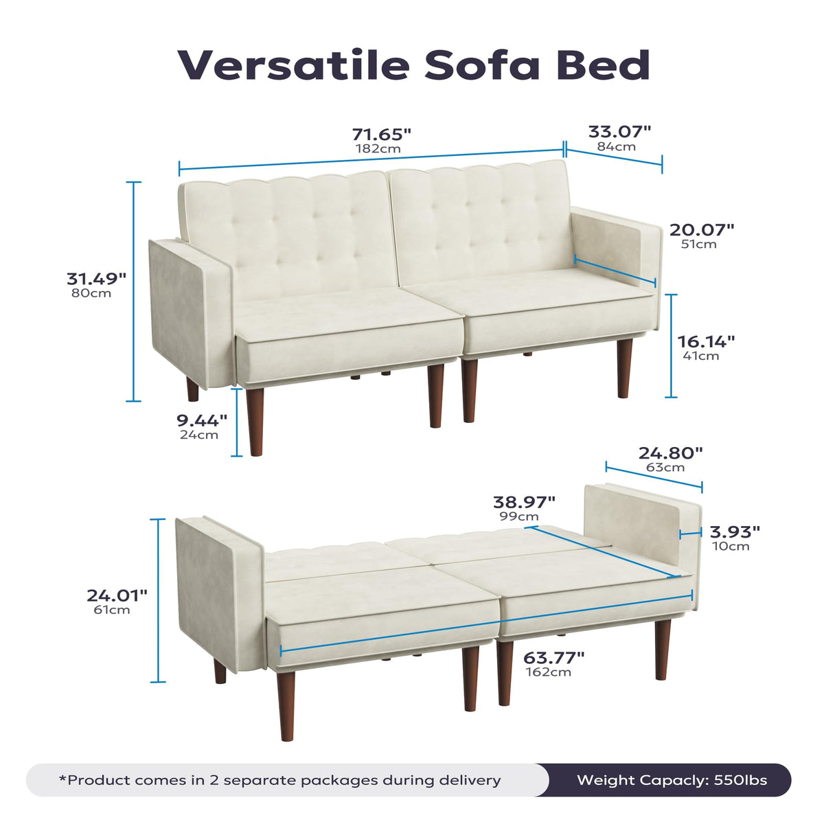 Furnify 71" Velvet Futon Sofa Bed, Versatile Loveseat Couch, Sleeper Sofa with Adjustable Backrest, Mid Century Modern Futon Couch for Small Space, Living Room, Office & Apartment, Velvet Fabric Beige
