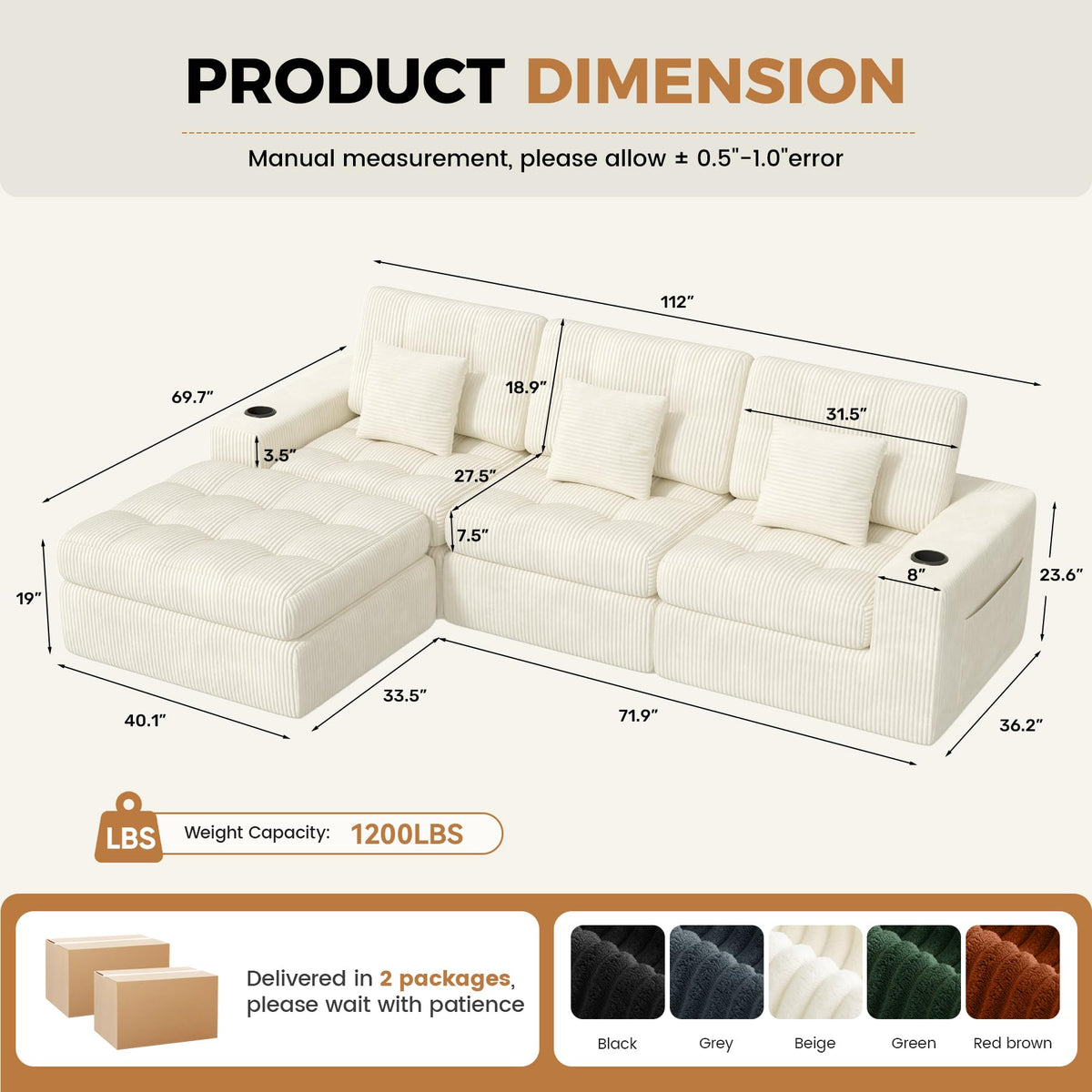 112" L Shaped Cloud Boneless Couch,Modern Modular Sectional Sofa with Layered Cushion,No Assembly Convertible Corduroy Couches for Living Room,Beige 1 PCS