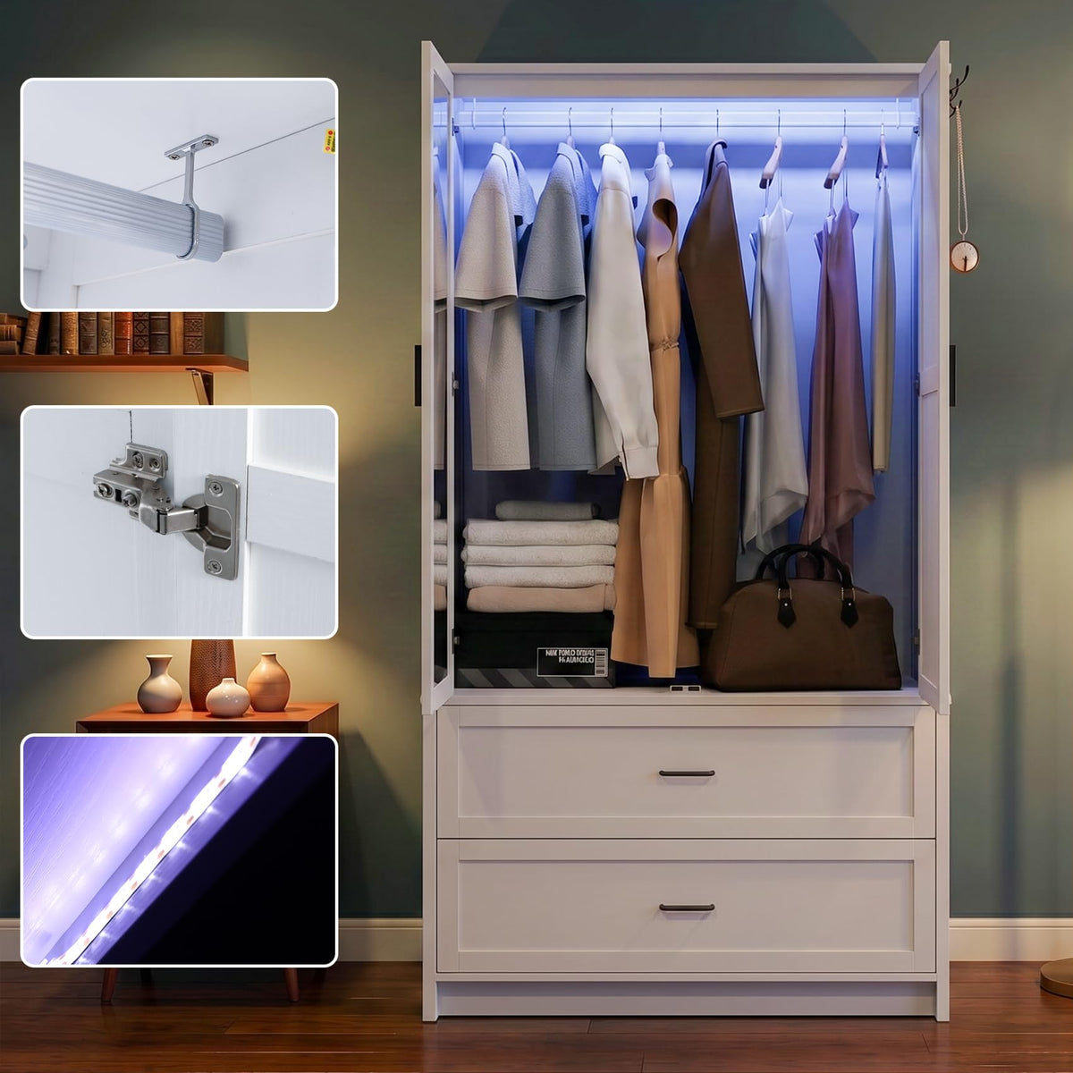 White Mirrored Wardrobe with LED Lights