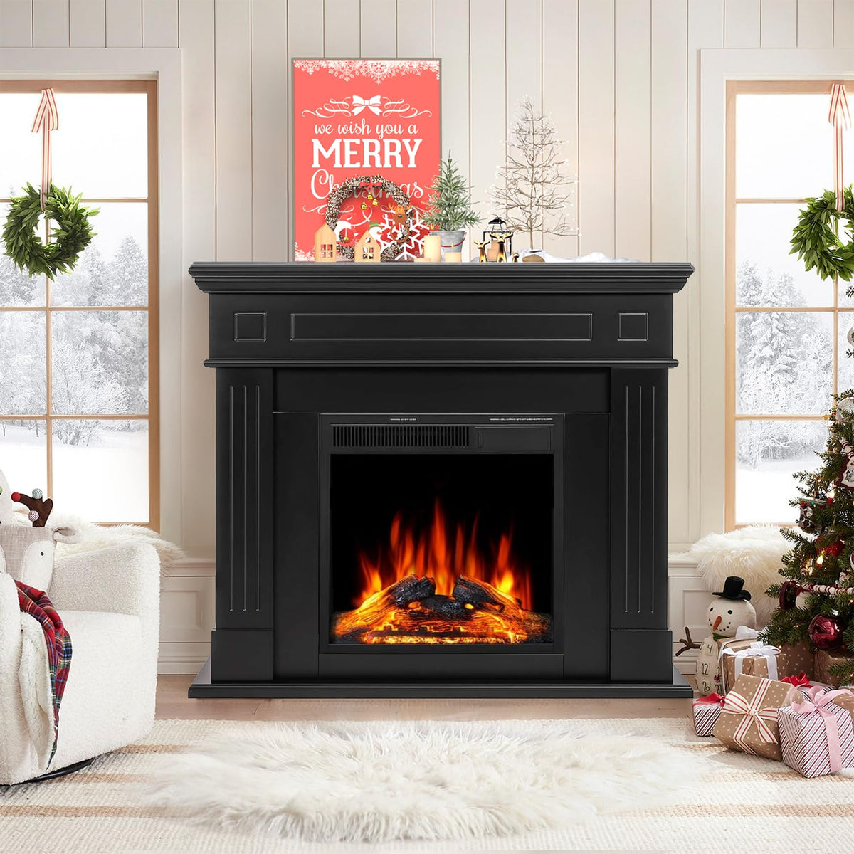 Xbeauty 44" Electric Fireplace with Mantel, Freestanding Fireplace Heater, 750–1500W LED Log Firebox with Remote Control for Living Room, Office, Black