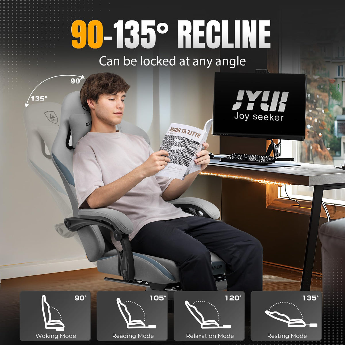 GTPLAYER Gaming Chair with Foot Rest & Pocket Spring Cushion, Ergonomic High Back Computer Desk Chair with Headrest & Lumbar Support for Back Pain Relief, Breathable Fabric, Mist-Blue