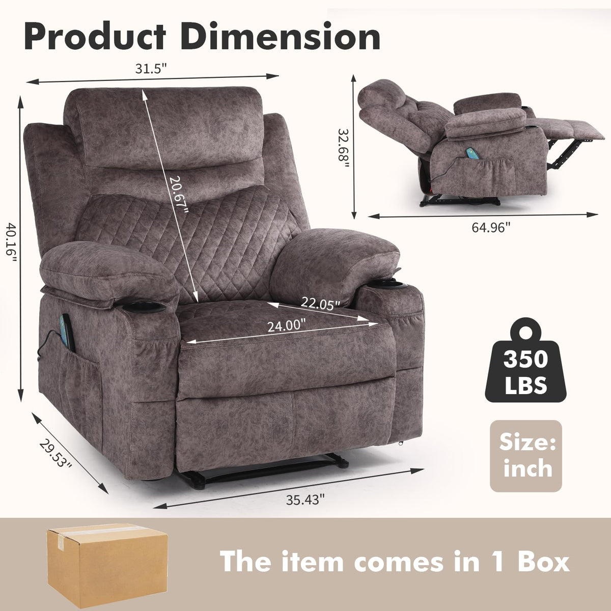 Oversized Massage Manual Recliner Chair Heated Reclining Sofa for Adult