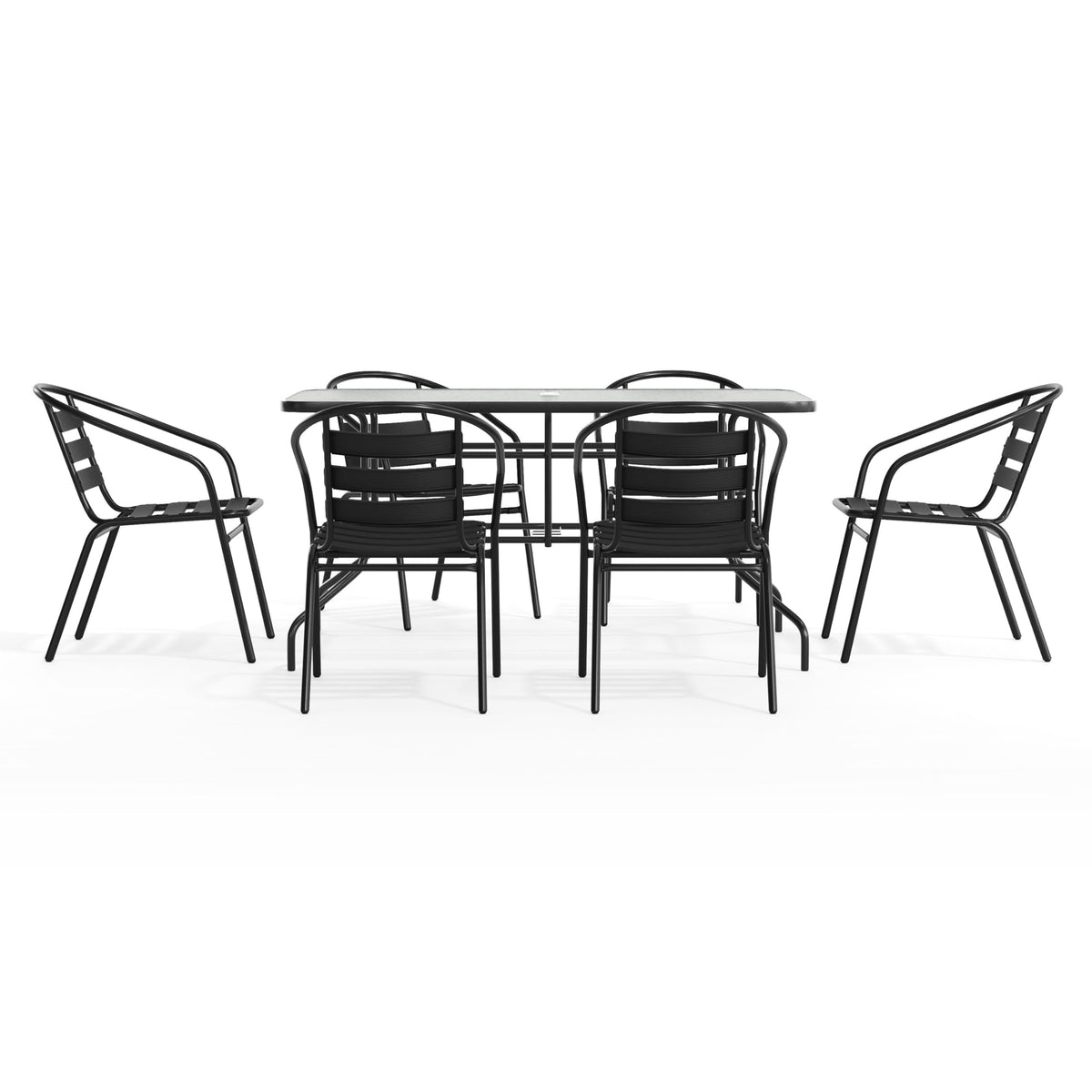 Flash Furniture Lila 7-Piece Glass Patio Table and Chairs Set, Outdoor Patio Dining Set with Rectangular Table and 6 Slat Back Patio Chairs, Black