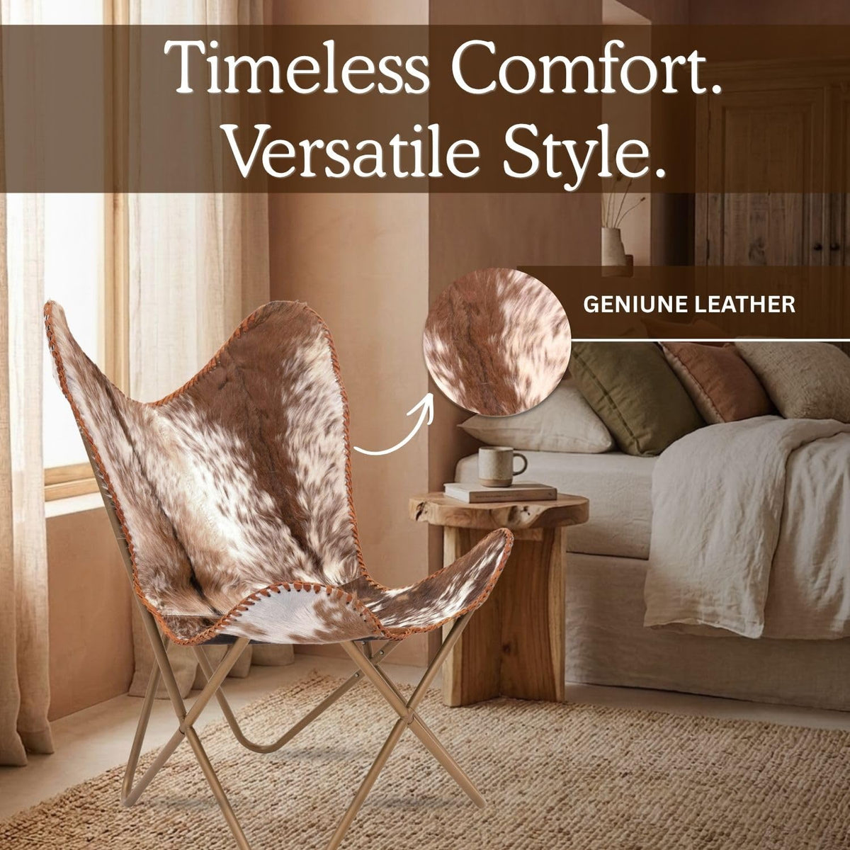 Shy Shy Let’s Touch The Sky Home Decor Genuine Goat Leather Butterfly Arm Chair with Black/Brown White Hair on Cowhide Accent Chair (White and Brown with Rose Gold)