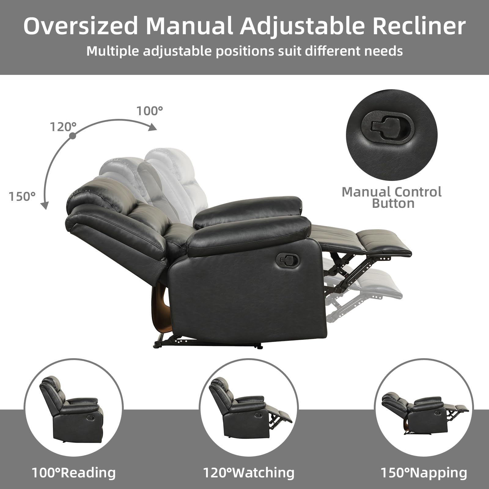 CANMOV Recliner Chair for Adults, Waterproof PU Leather Recliner, Soft Plush Overstuffed Manual Recliner with Footrest for Living Room Home Theater, Heavy Duty, Easy Clean(Black)
