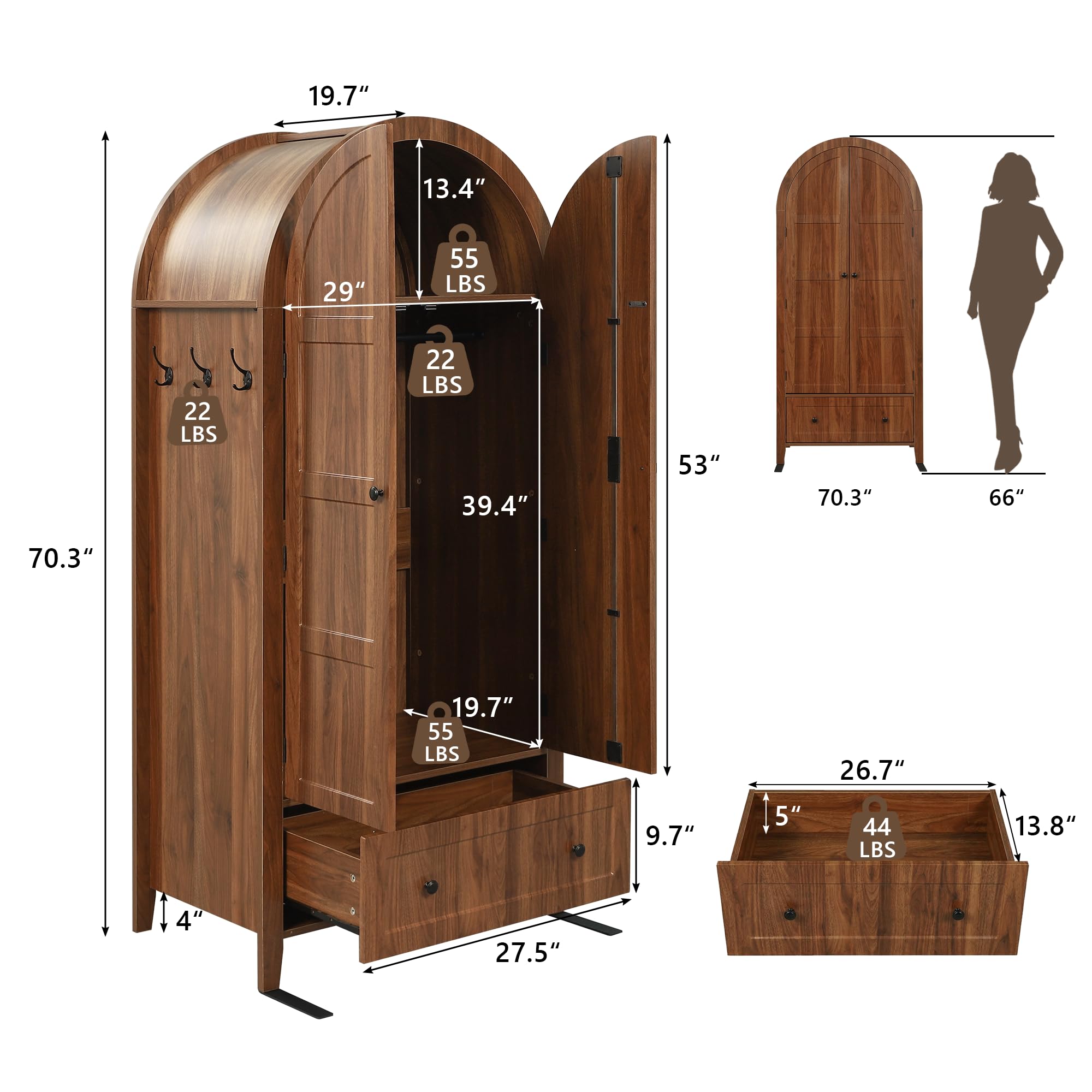 Freestanding Armoire Wardrobe with Arched Doors & Drawer
