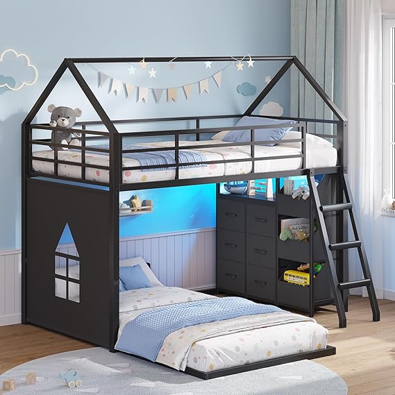 Twin Over Twin House Bunk Bed with LED Lights & Storage