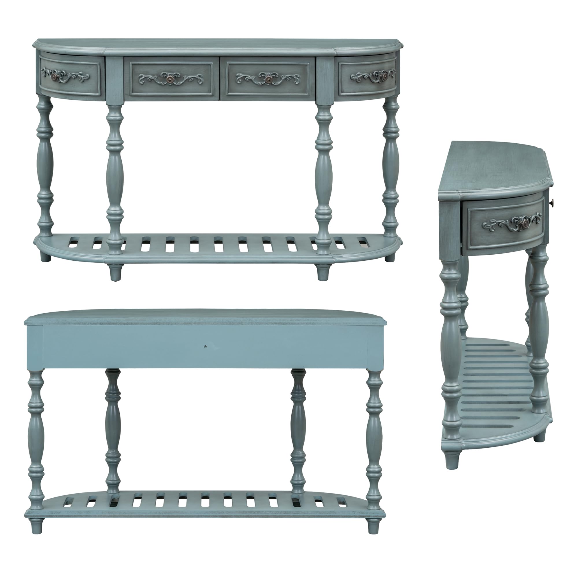 Amposei Retro Wood Curved Entryway Console Table 52-Inch Half Moon Hall Sofa Table with Drawers & Shelf for Living Room Hallway Foyer Home Accent Furniture, Distressed Finish (Antique Blue)