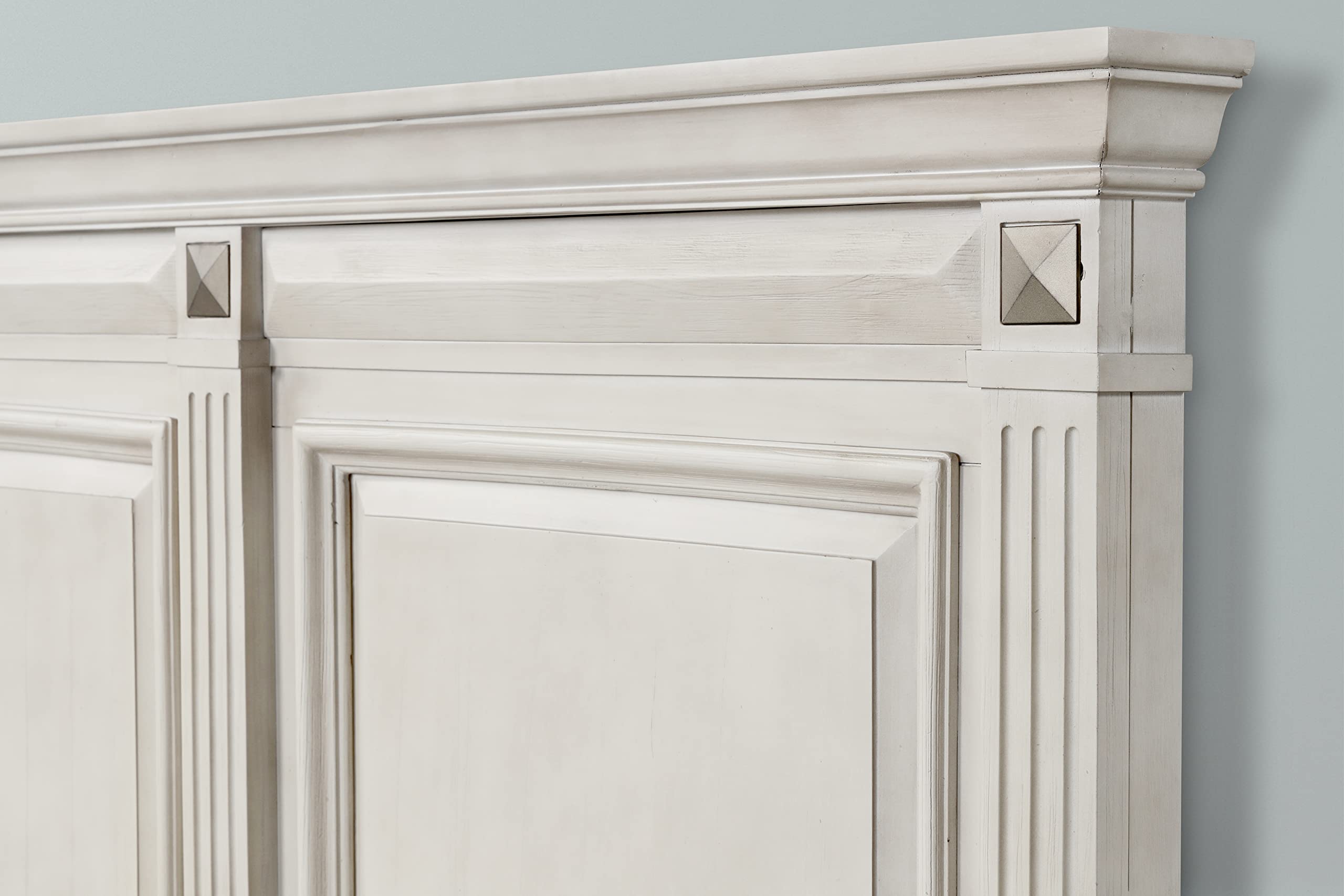 Roundhill Furniture Renova Distressed Parchment Wood Bedroom Set, Queen Panel Bed, Dresser, Mirror, Nightstand, Chest