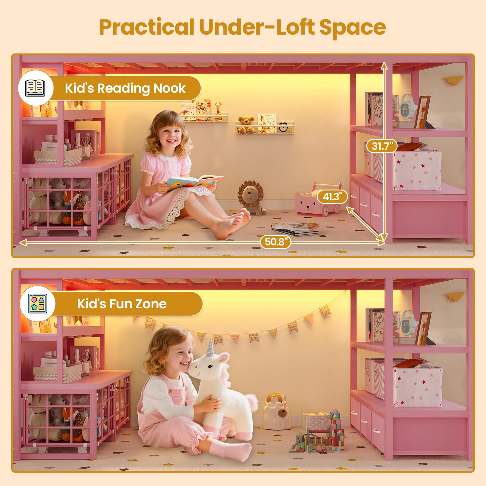 Twin Kids Loft Bed with Storage & LED Lights